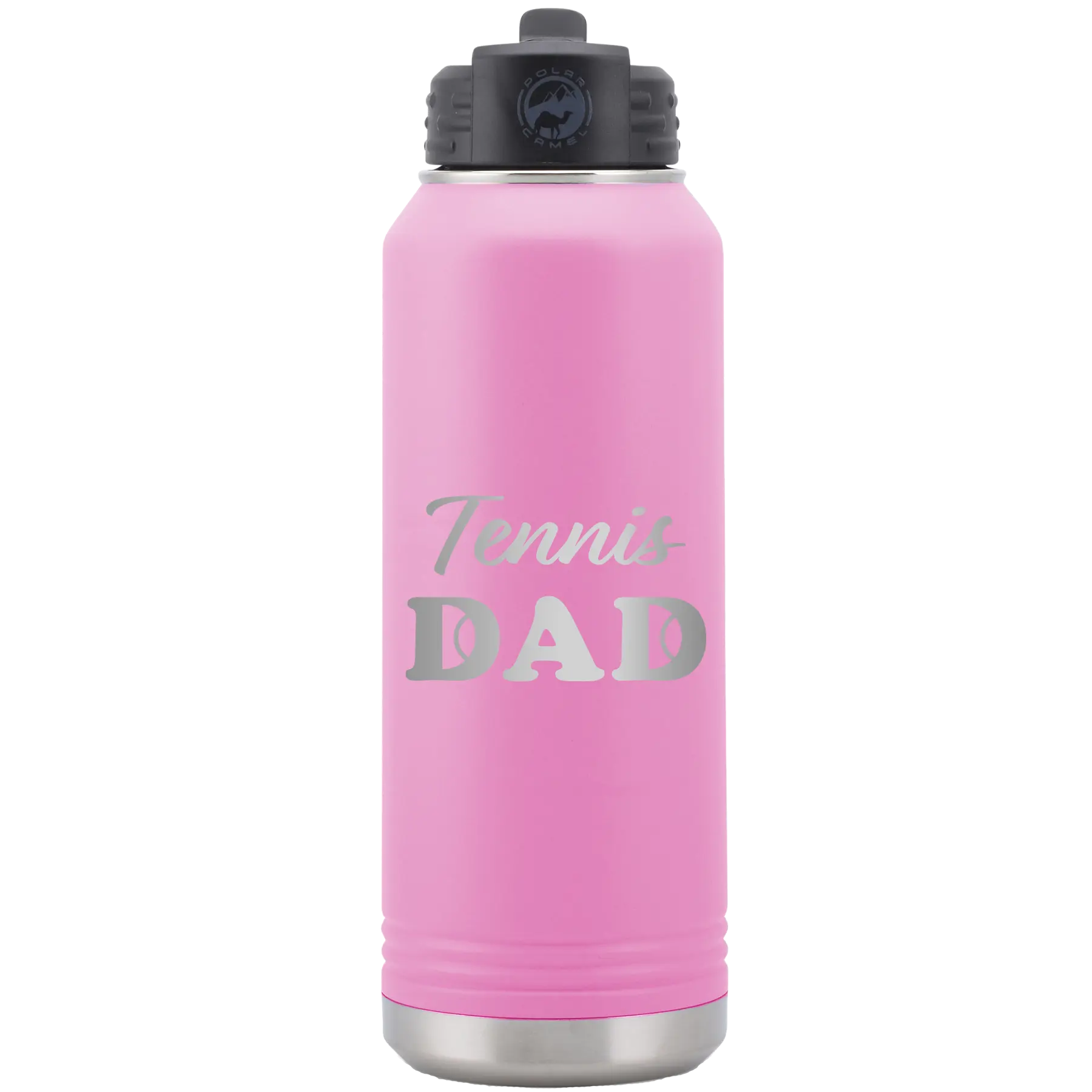 Laser etched light purple 32 oz vacuum insulated water bottle with 'Tennis Dad2' design