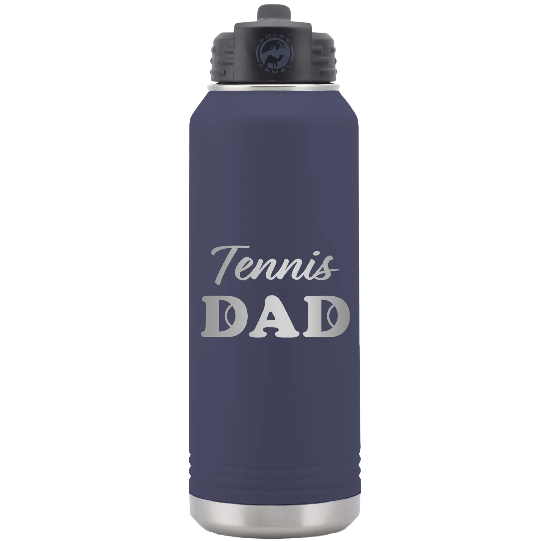 Laser etched navy 32 oz vacuum insulated water bottle with 'Tennis Dad2' design