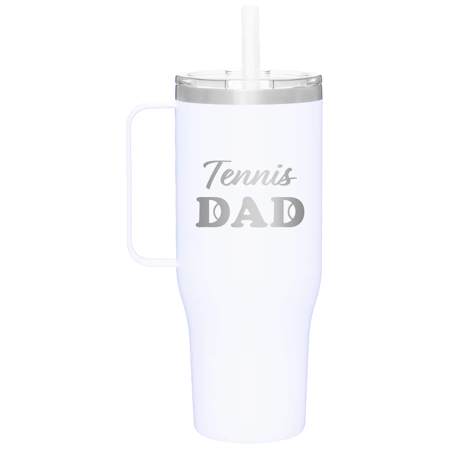 Laser etched white 40 oz vacuum insulated tumbler mug with 'Tennis Dad2' design