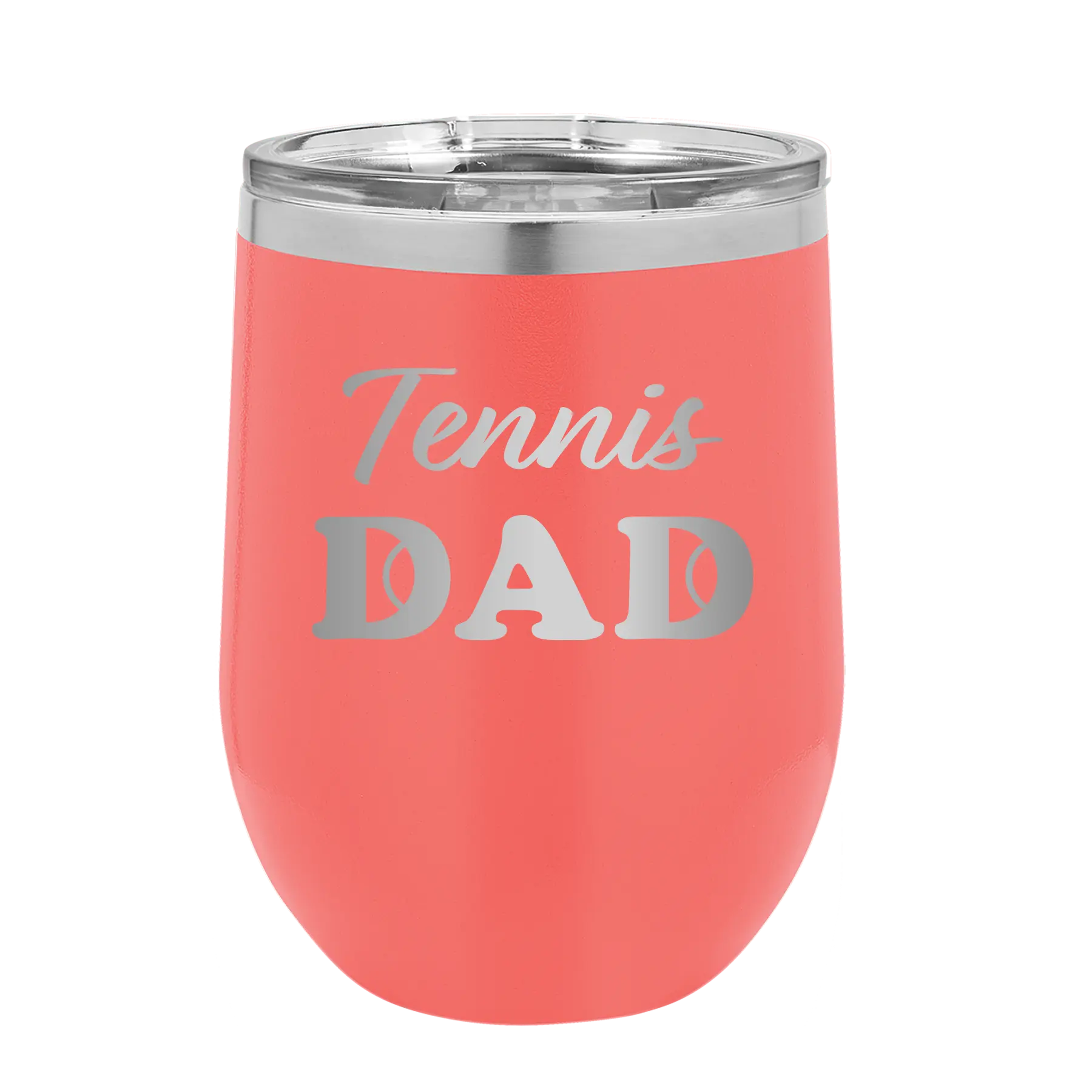 Laser etched coral 12 oz vacuum insulated wine cup with 'Tennis Dad2' design