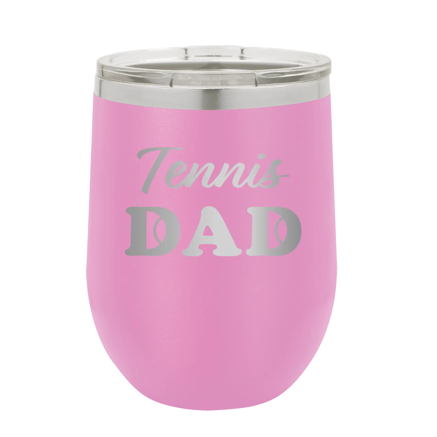 Laser etched light purple 12 oz vacuum insulated wine cup with 'Tennis Dad2' design
