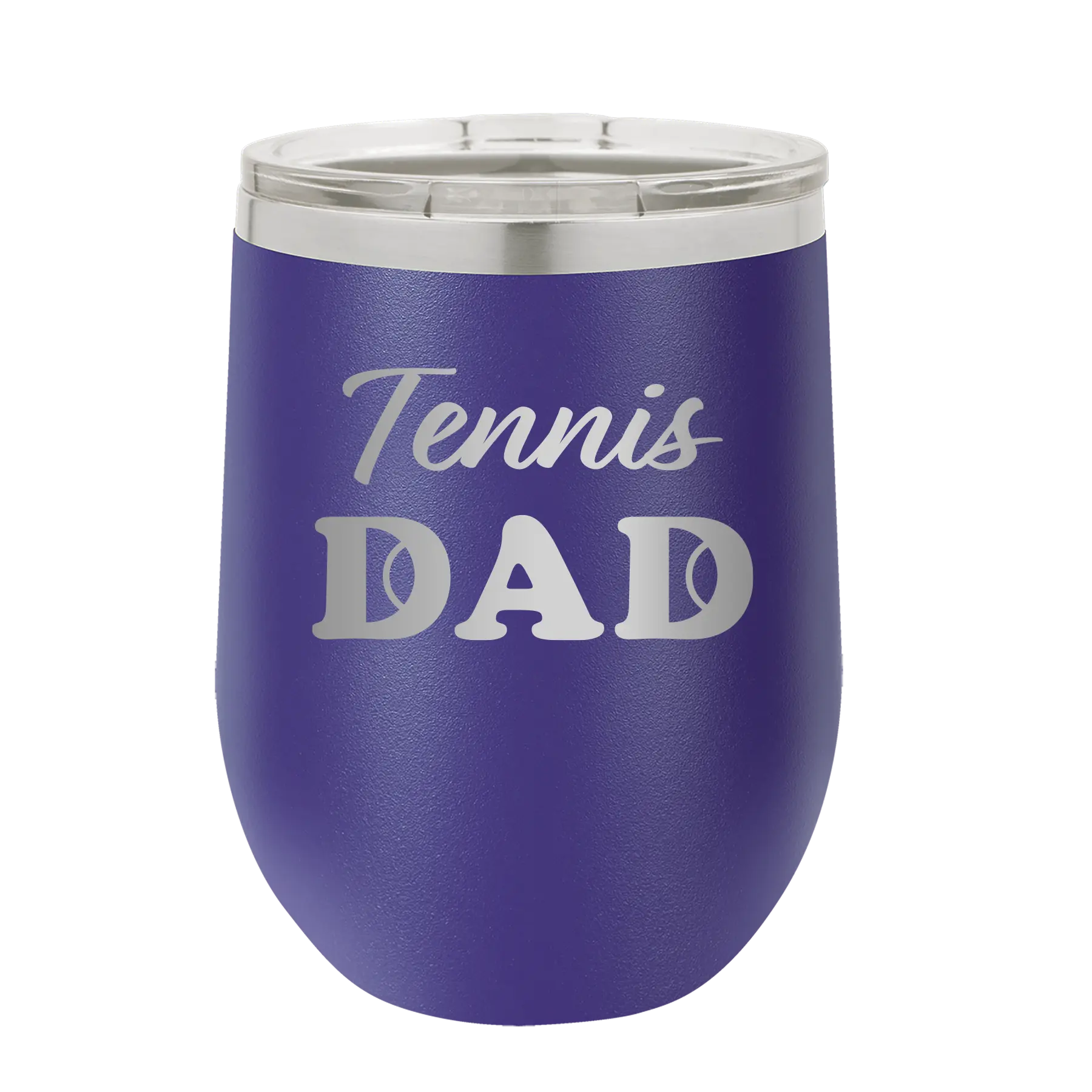 Laser etched purple 12 oz vacuum insulated wine cup with 'Tennis Dad2' design