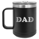 Laser etched black 15 oz vacuum insulated coffee mug with 'Tennis Dad' design