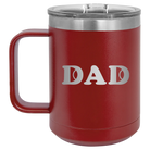 Laser etched maroon 15 oz vacuum insulated coffee mug with 'Tennis Dad' design