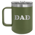 Laser etched olive green 15 oz vacuum insulated coffee mug with 'Tennis Dad' design