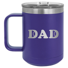 Laser etched purple 15 oz vacuum insulated coffee mug with 'Tennis Dad' design