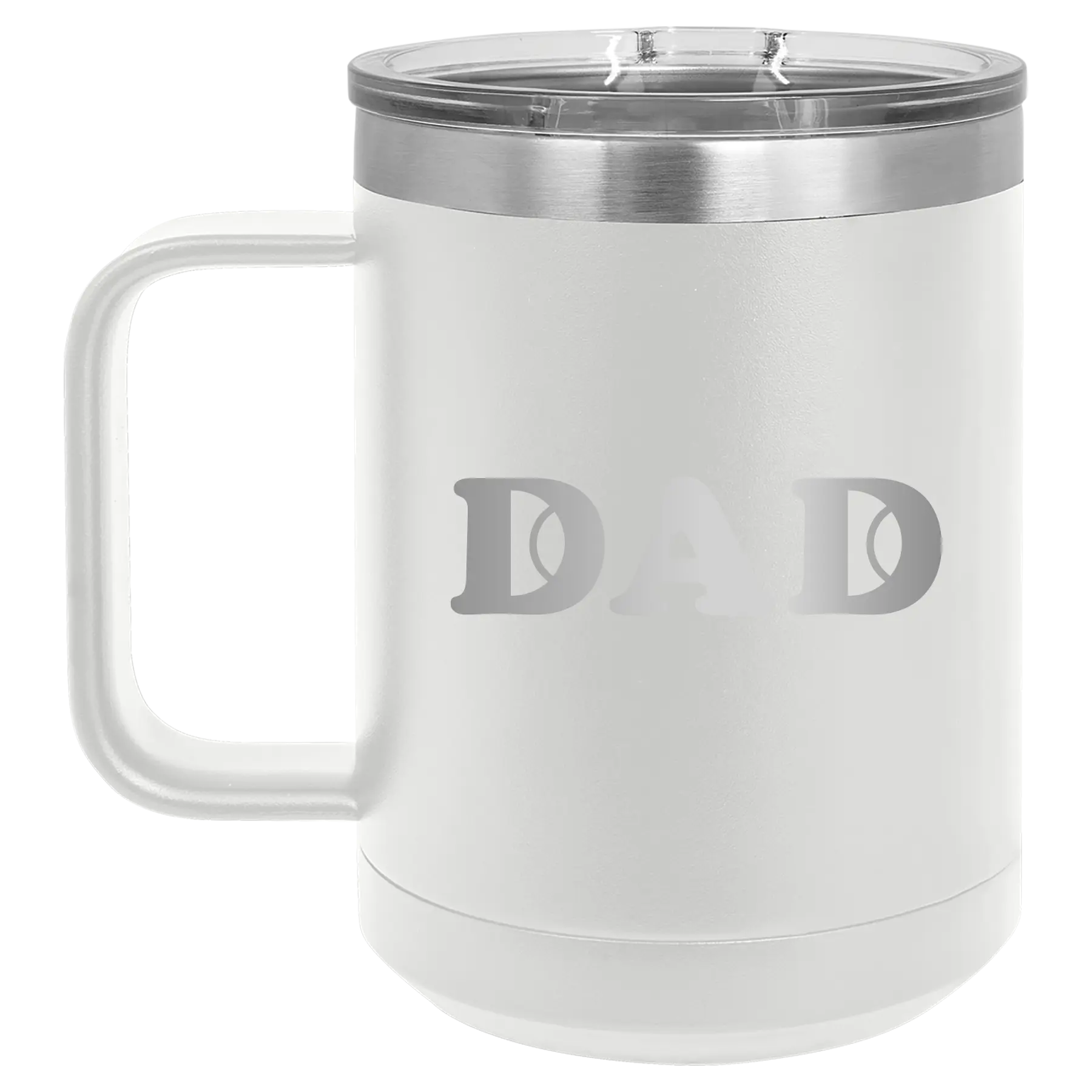 Laser etched white 15 oz vacuum insulated coffee mug with 'Tennis Dad' design