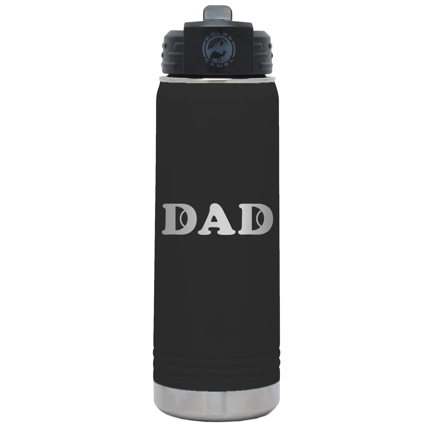 Laser etched black 20 oz vacuum insulated water bottle with 'Tennis Dad' design