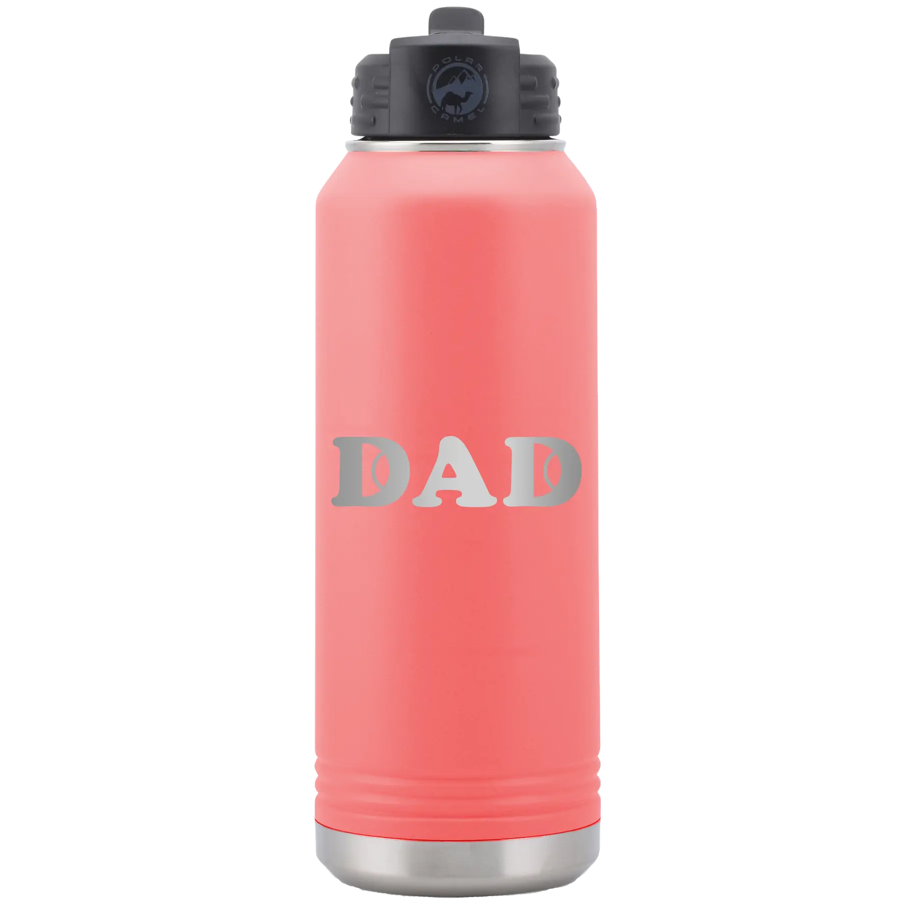 Laser etched coral 32 oz vacuum insulated water bottle with 'Tennis Dad' design