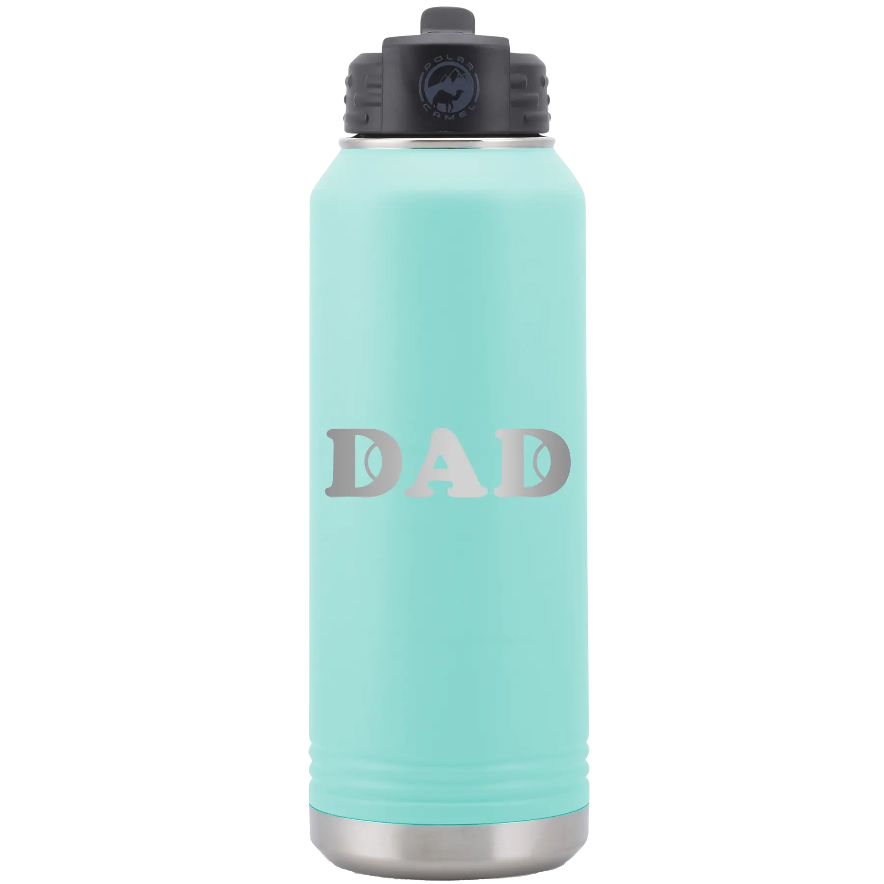 Laser etched teal 32 oz vacuum insulated water bottle with 'Tennis Dad' design