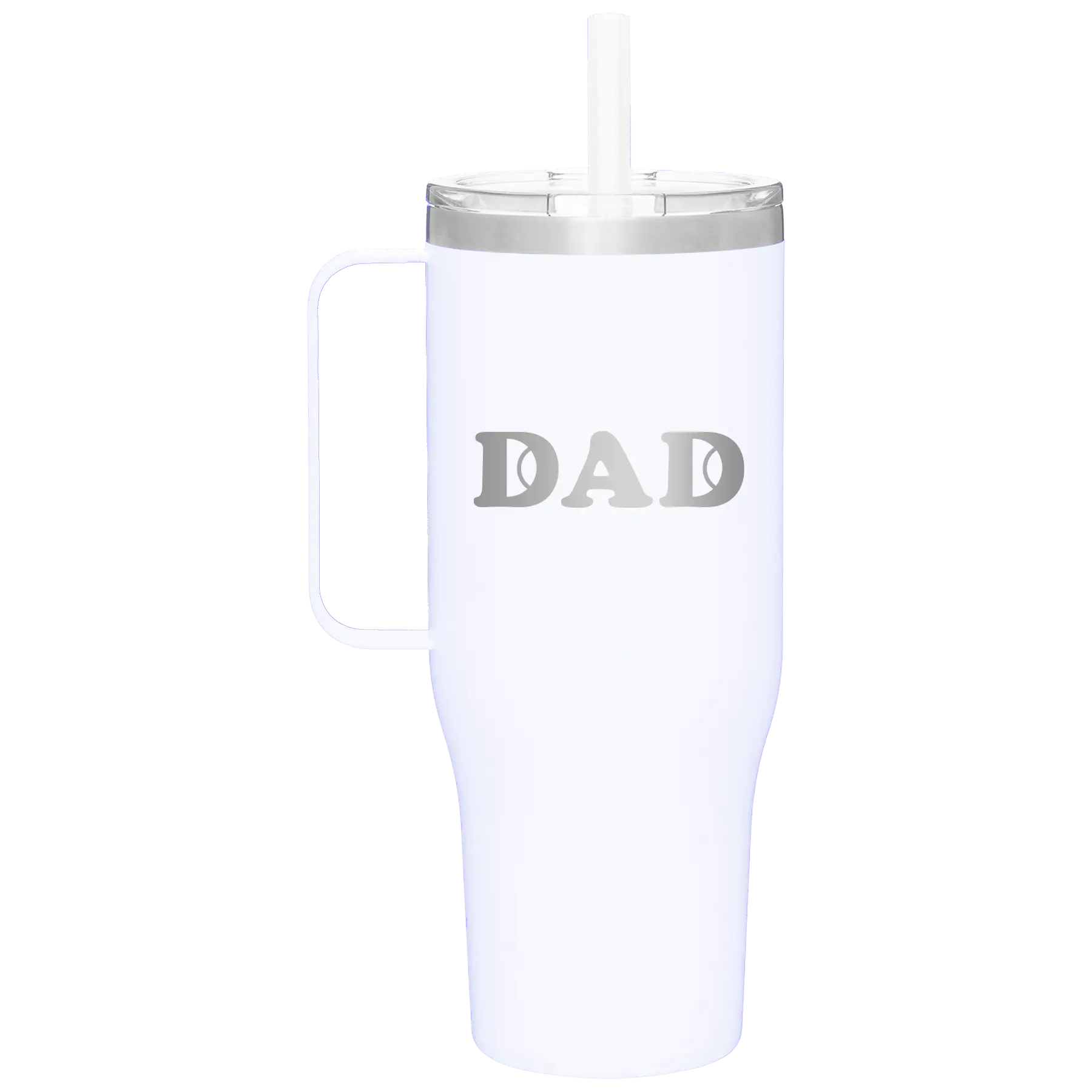 Laser etched white 40 oz vacuum insulated tumbler mug with 'Tennis Dad' design