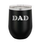 Laser etched black 12 oz vacuum insulated wine cup with 'Tennis Dad' design