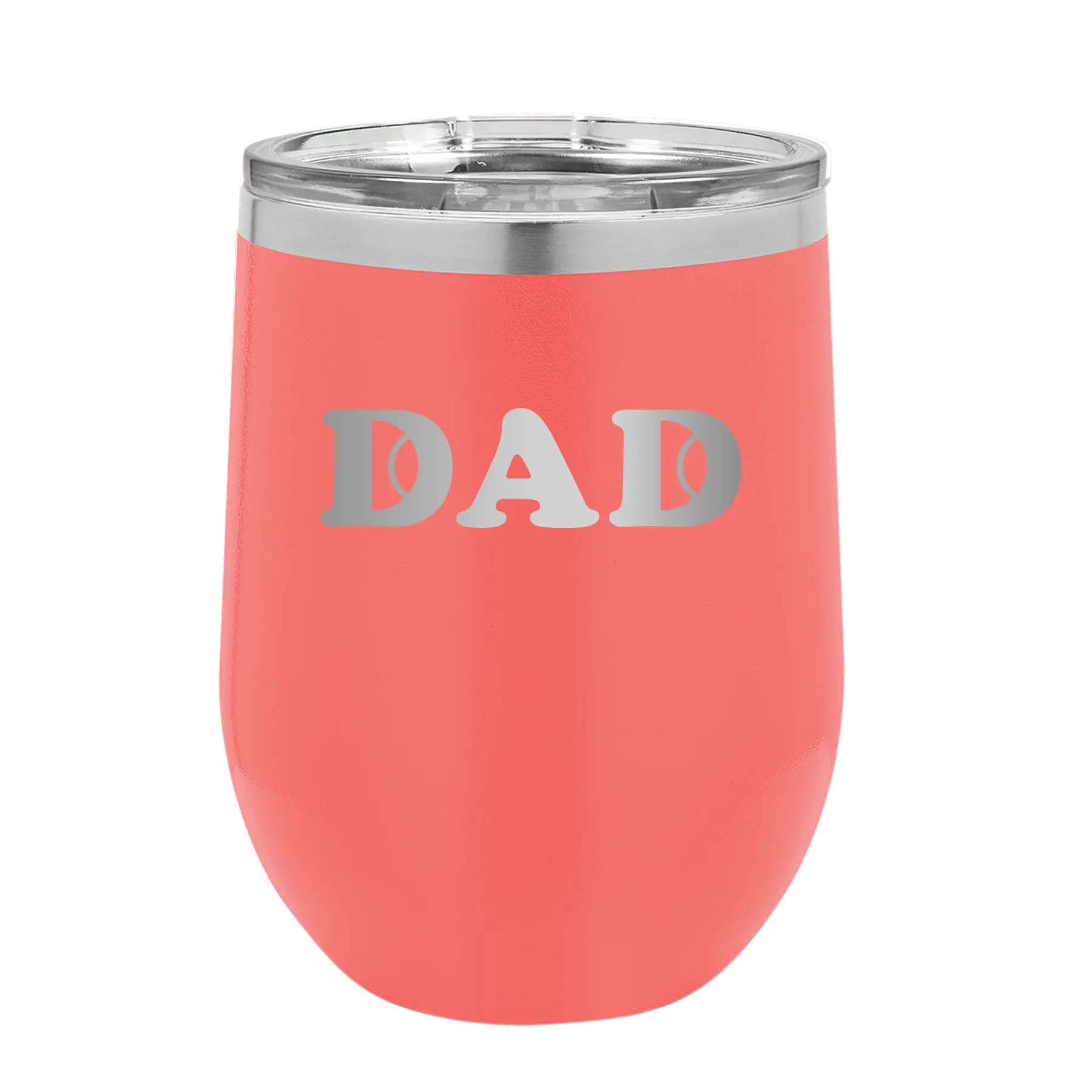 Laser etched coral 12 oz vacuum insulated wine cup with 'Tennis Dad' design