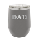Laser etched dark gray 12 oz vacuum insulated wine cup with 'Tennis Dad' design