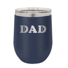Laser etched navy 12 oz vacuum insulated wine cup with 'Tennis Dad' design