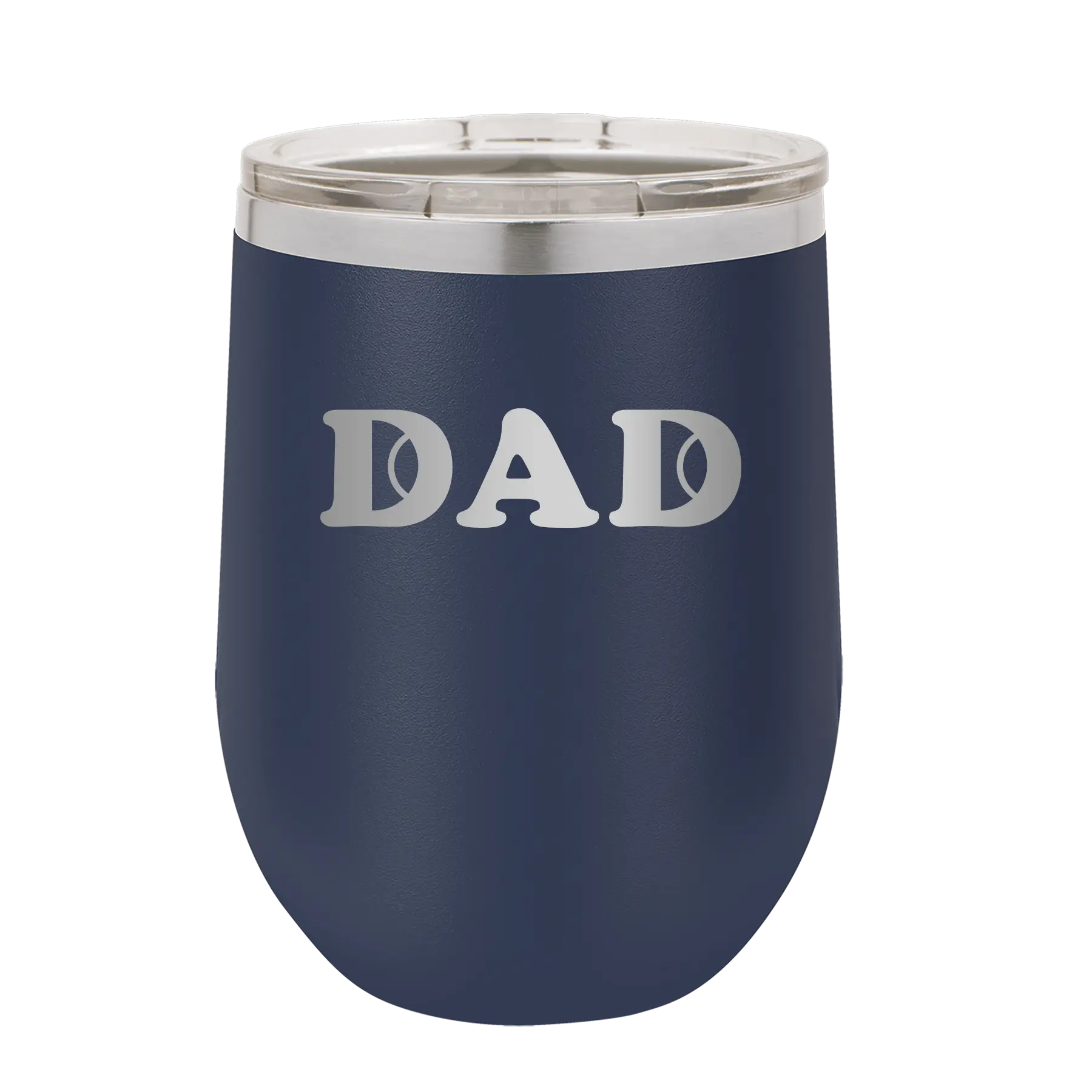 Laser etched navy 12 oz vacuum insulated wine cup with 'Tennis Dad' design
