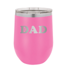 Laser etched pink 12 oz vacuum insulated wine cup with 'Tennis Dad' design
