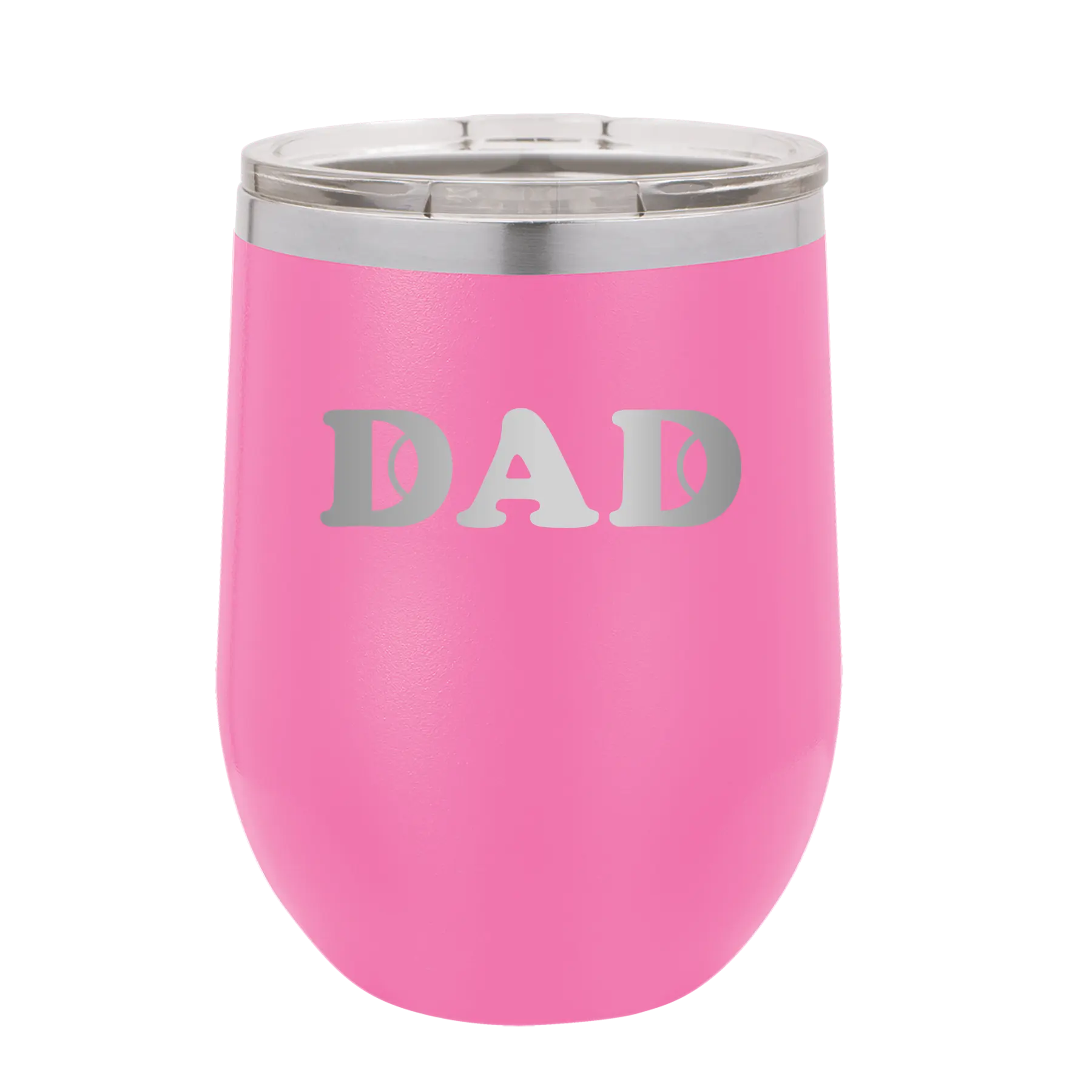 Laser etched pink 12 oz vacuum insulated wine cup with 'Tennis Dad' design
