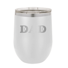 Laser etched white 12 oz vacuum insulated wine cup with 'Tennis Dad' design