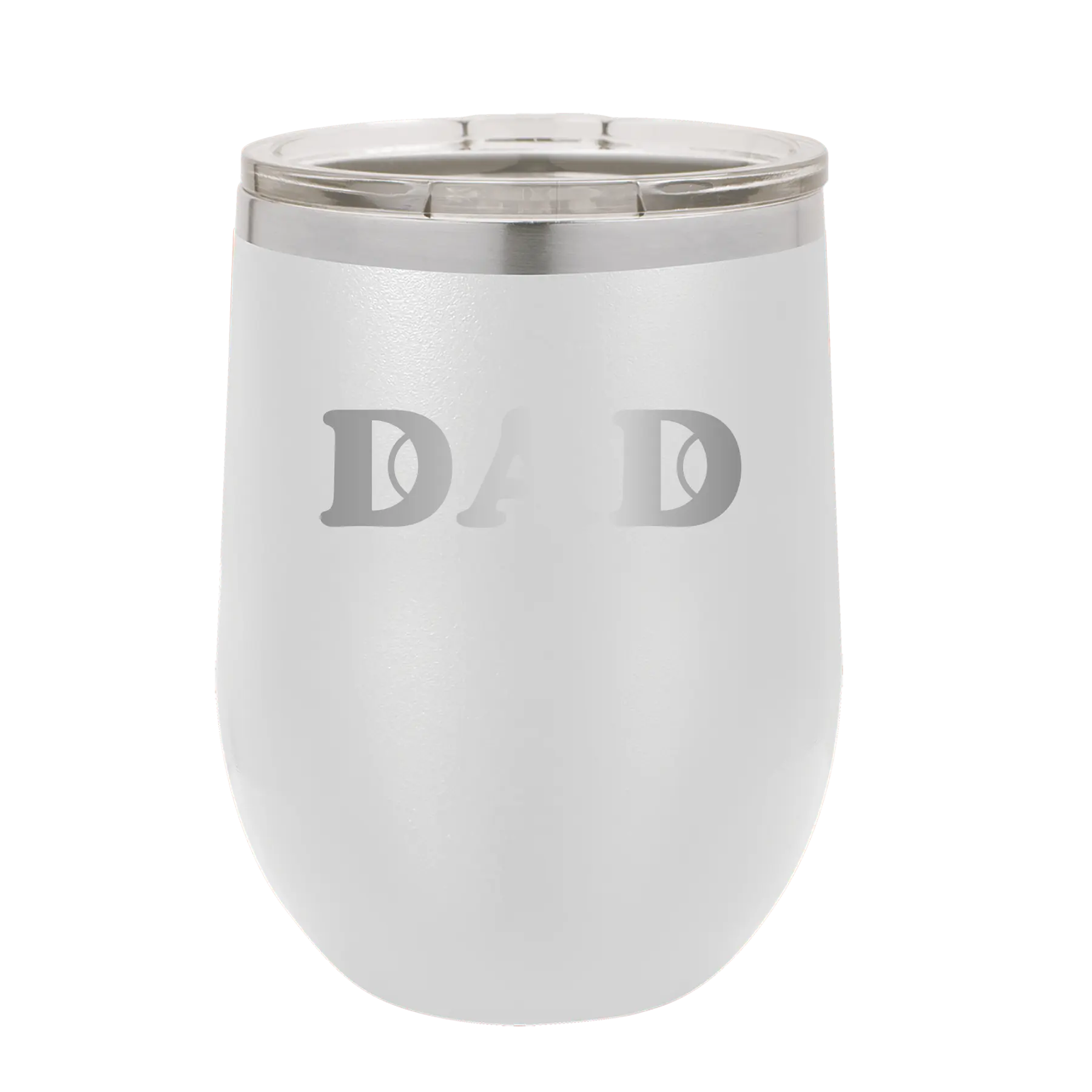 Laser etched white 12 oz vacuum insulated wine cup with 'Tennis Dad' design