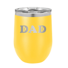 Laser etched yellow 12 oz vacuum insulated wine cup with 'Tennis Dad' design