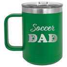 Laser etched green 15 oz vacuum insulated coffee mug with 'Soccer Dad2' design