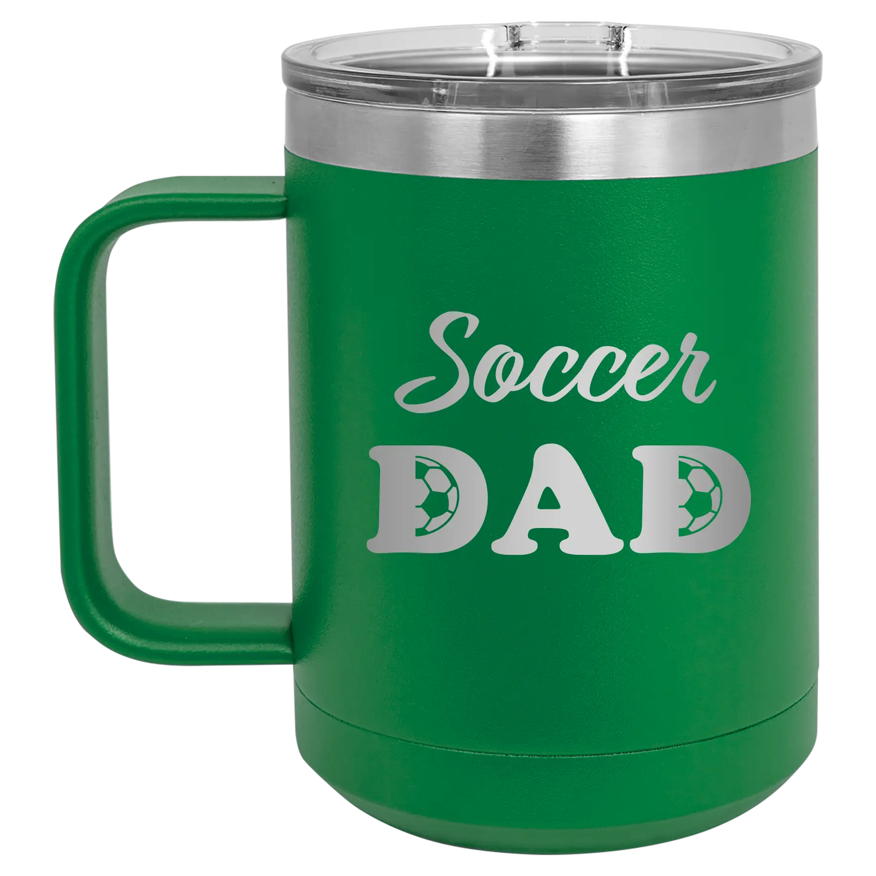 Laser etched green 15 oz vacuum insulated coffee mug with 'Soccer Dad2' design