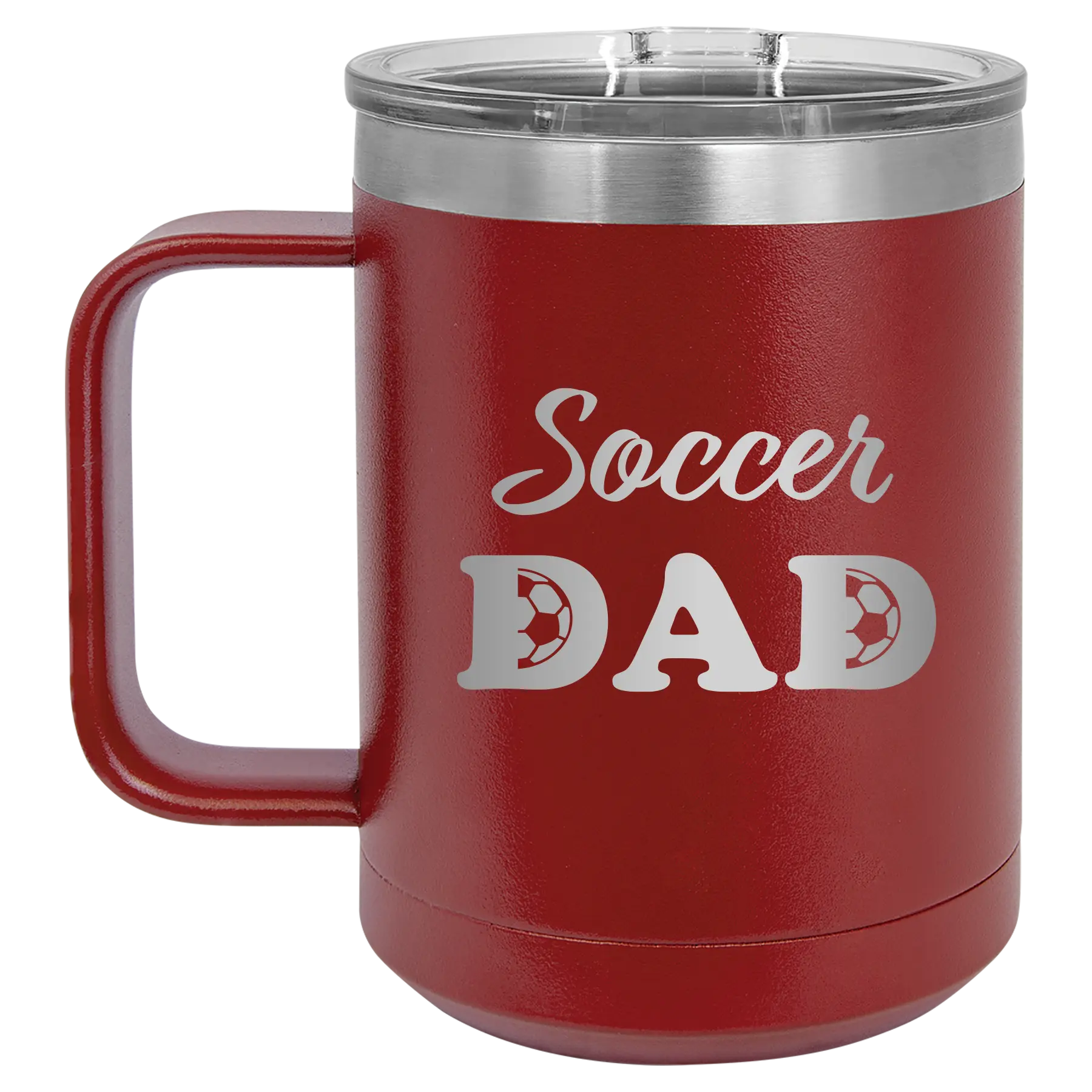 Laser etched maroon 15 oz vacuum insulated coffee mug with 'Soccer Dad2' design
