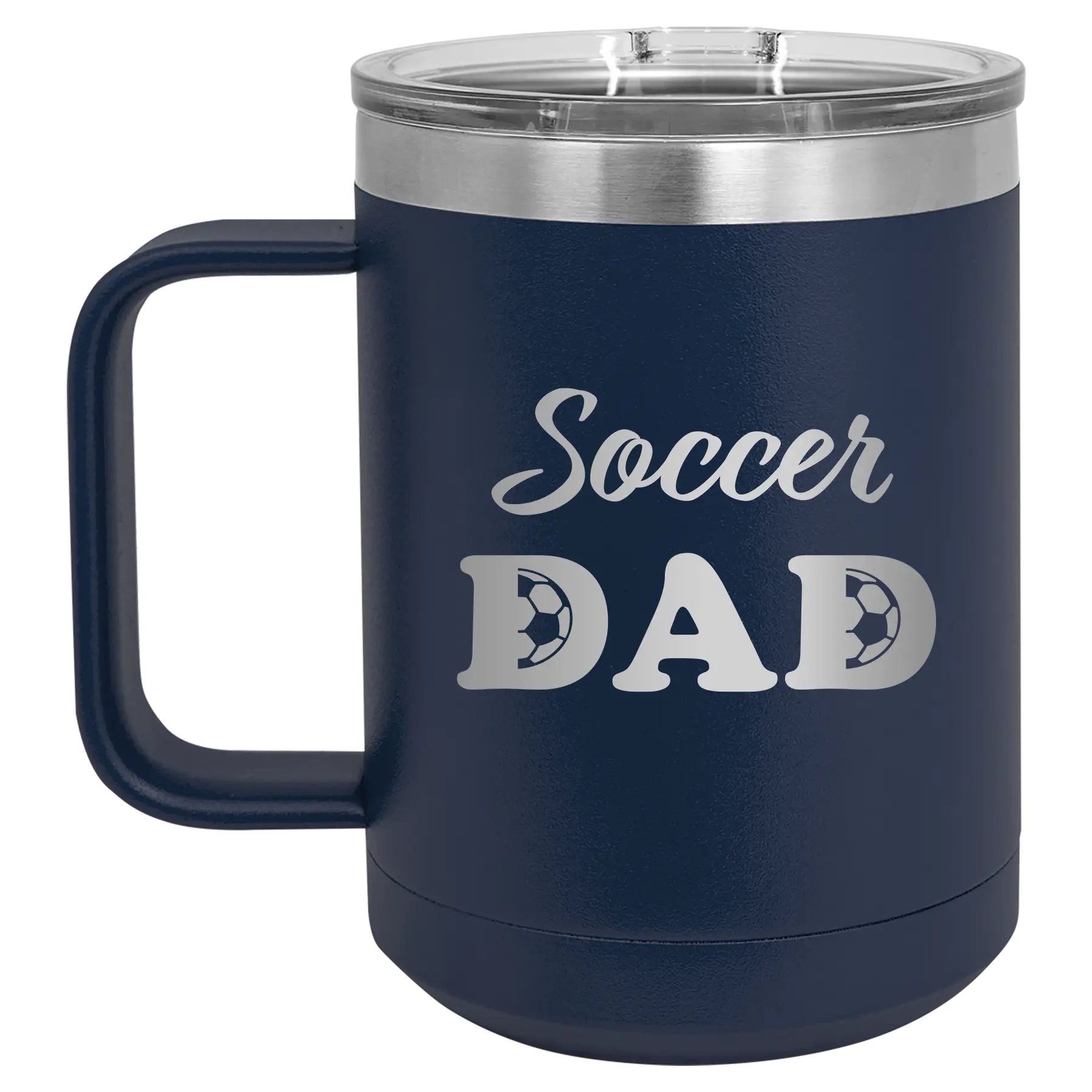 Laser etched navy 15 oz vacuum insulated coffee mug with 'Soccer Dad2' design