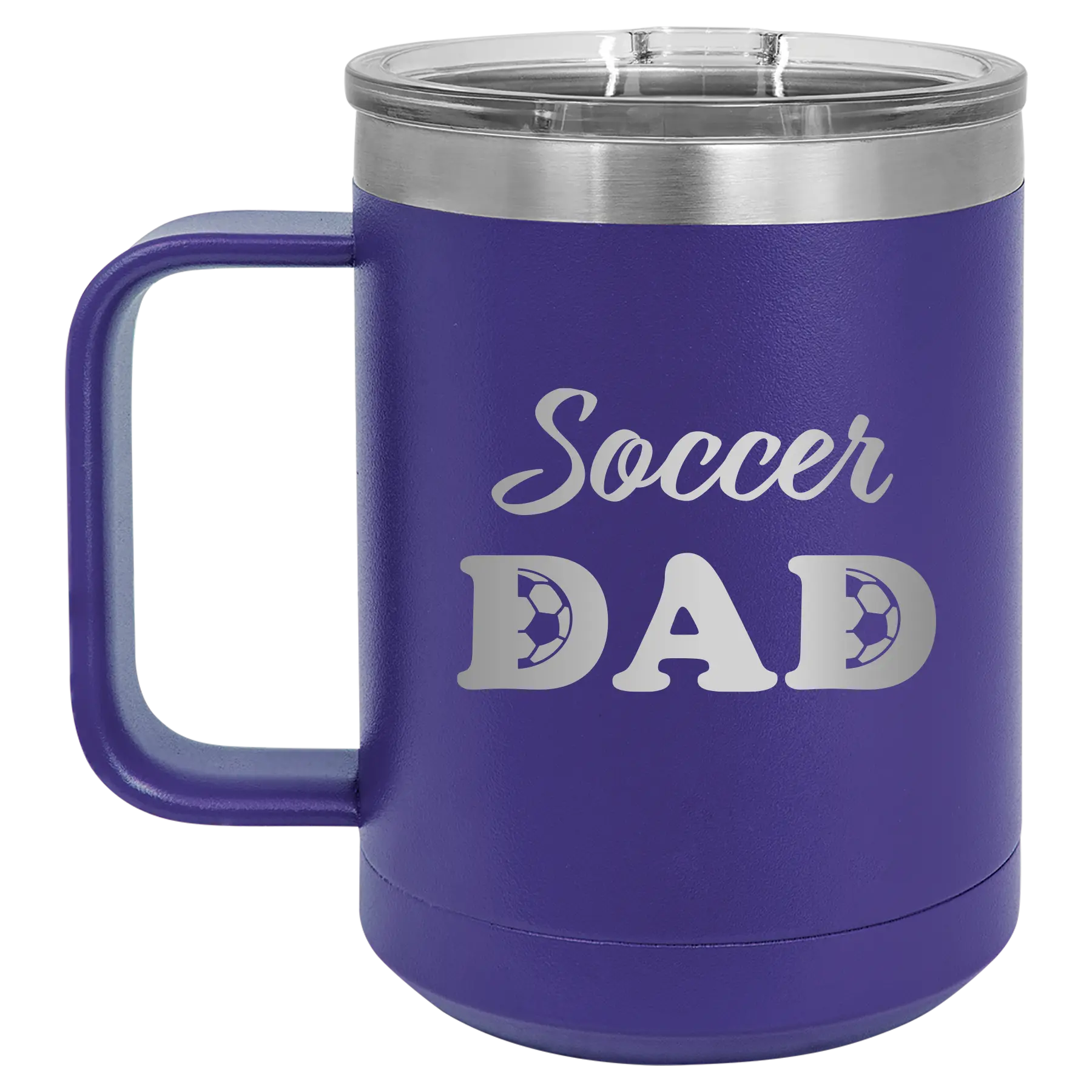 Laser etched purple 15 oz vacuum insulated coffee mug with 'Soccer Dad2' design