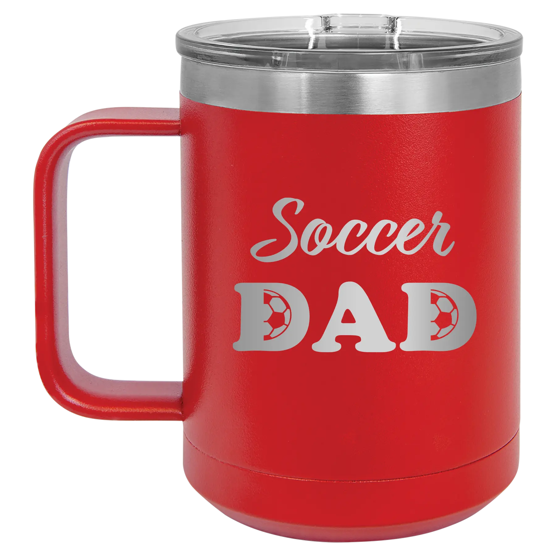 Laser etched red 15 oz vacuum insulated coffee mug with 'Soccer Dad2' design