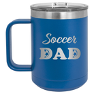 Laser etched royal blue 15 oz vacuum insulated coffee mug with 'Soccer Dad2' design