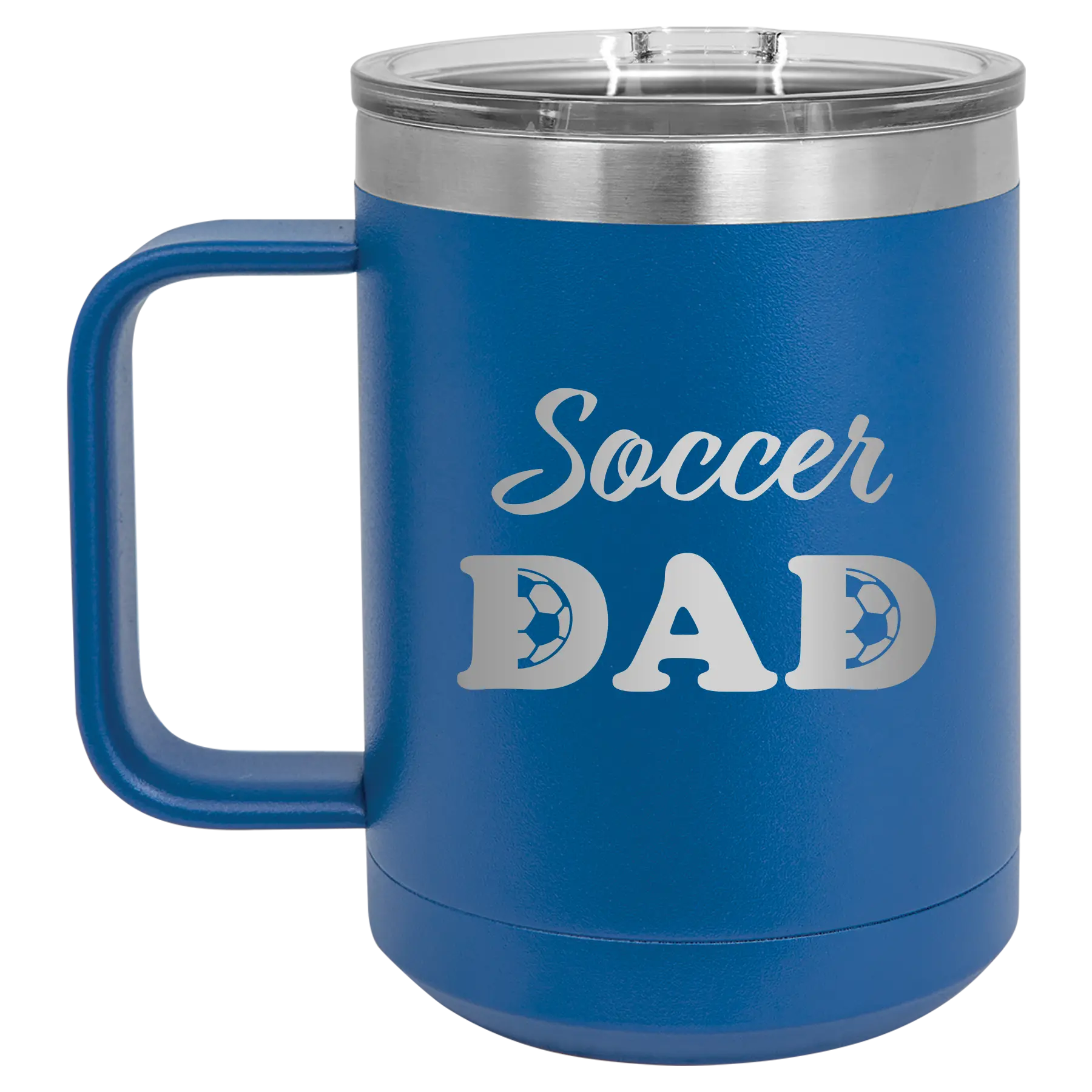 Laser etched royal blue 15 oz vacuum insulated coffee mug with 'Soccer Dad2' design