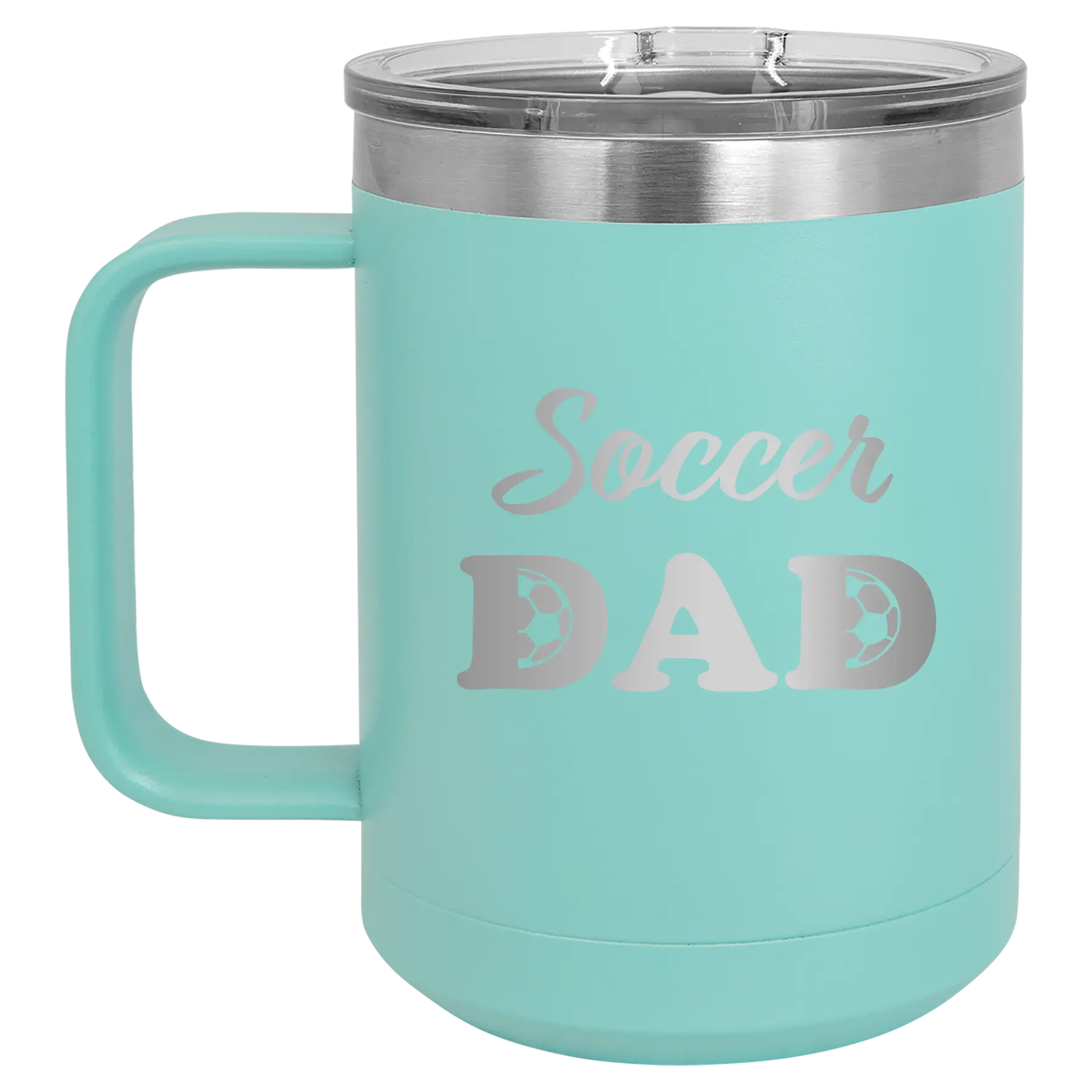 Laser etched teal 15 oz vacuum insulated coffee mug with 'Soccer Dad2' design