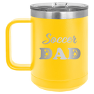 Laser etched yellow 15 oz vacuum insulated coffee mug with 'Soccer Dad2' design