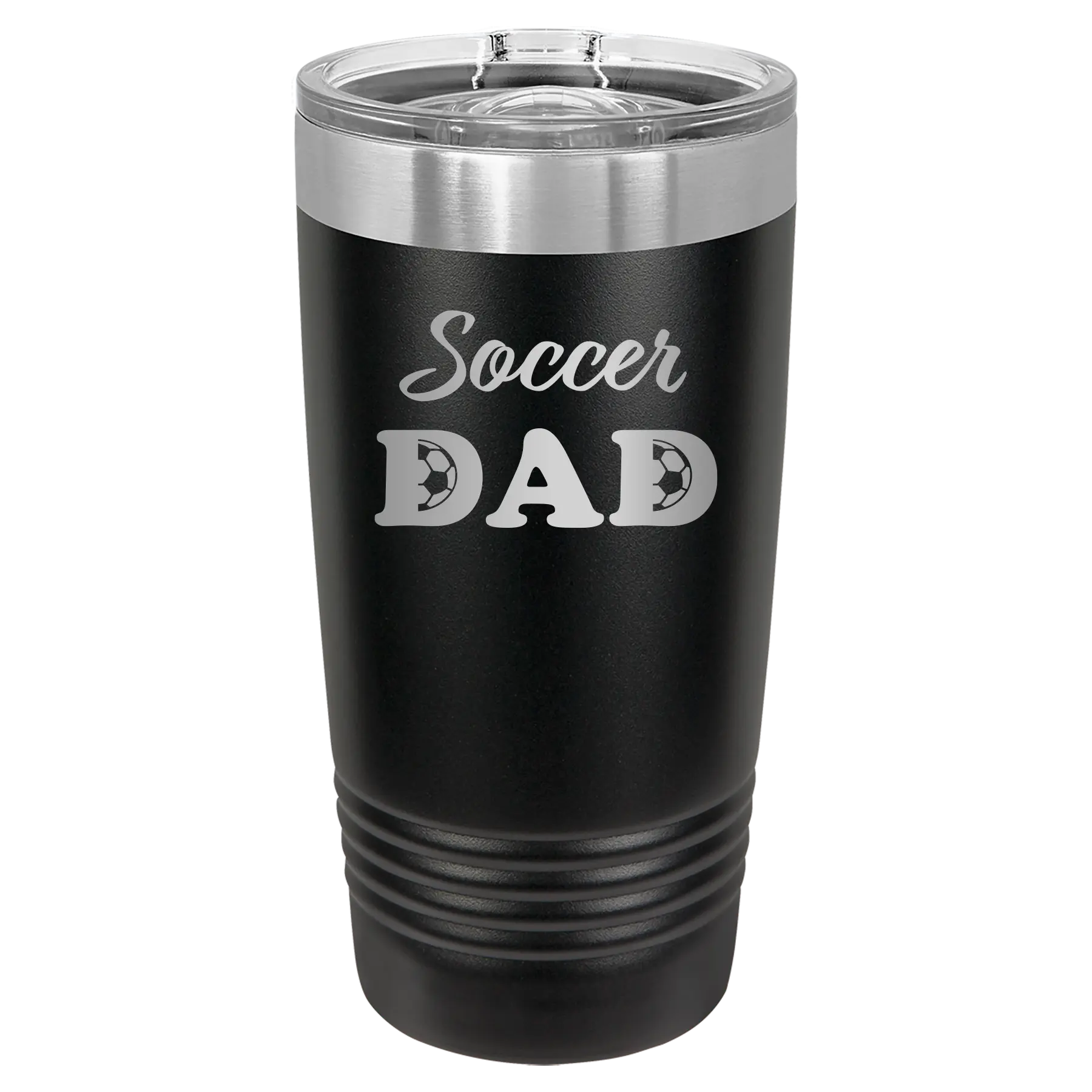 Laser etched black 20 oz vacuum insulated tumbler with 'Soccer Dad2' design