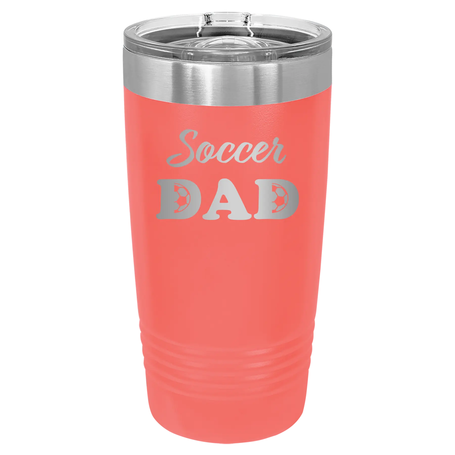 Laser etched coral 20 oz vacuum insulated tumbler with 'Soccer Dad2' design