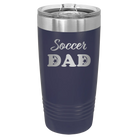 Laser etched navy 20 oz vacuum insulated tumbler with 'Soccer Dad2' design