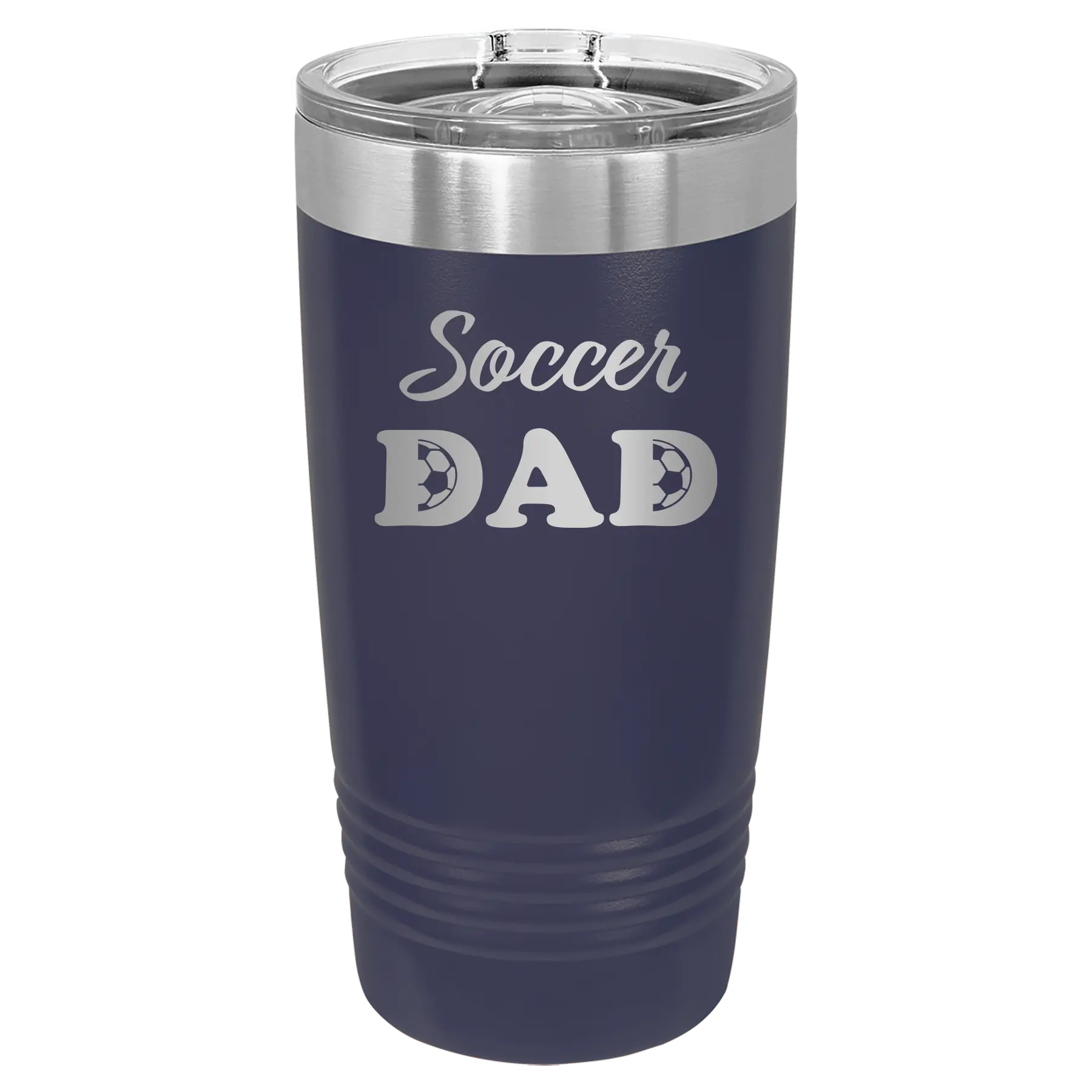 Laser etched navy 20 oz vacuum insulated tumbler with 'Soccer Dad2' design