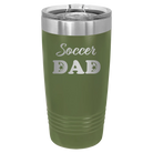 Laser etched olive green 20 oz vacuum insulated tumbler with 'Soccer Dad2' design
