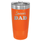 Laser etched orange 20 oz vacuum insulated tumbler with 'Soccer Dad2' design
