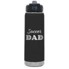 Laser etched black 20 oz vacuum insulated water bottle with 'Soccer Dad2' design