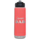 Laser etched coral 20 oz vacuum insulated water bottle with 'Soccer Dad2' design