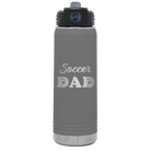 Laser etched dark gray 20 oz vacuum insulated water bottle with 'Soccer Dad2' design