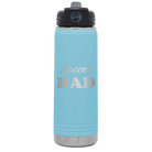 Laser etched light blue 20 oz vacuum insulated water bottle with 'Soccer Dad2' design