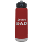 Laser etched maroon 20 oz vacuum insulated water bottle with 'Soccer Dad2' design