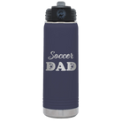 Laser etched navy 20 oz vacuum insulated water bottle with 'Soccer Dad2' design