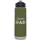 Laser etched olive green 20 oz vacuum insulated water bottle with 'Soccer Dad2' design
