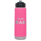 Laser etched pink 20 oz vacuum insulated water bottle with 'Soccer Dad2' design