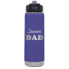 Laser etched purple 20 oz vacuum insulated water bottle with 'Soccer Dad2' design